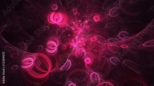 Abstract crimson glowing shapes. Fantasy light background. Digital fractal art. 3d rendering.
