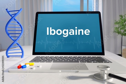 Ibogaine – Medicine/health. Computer in the office with term on the screen. Science/healthcare photo