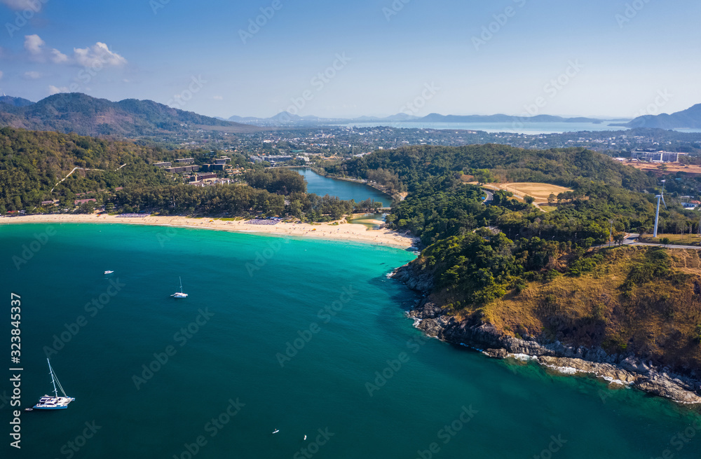 Aerial view of Nai Harn beach during high season, Phuket island, Thailand
