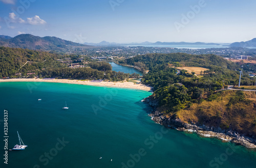Aerial view of Nai Harn beach during high season, Phuket island, Thailand