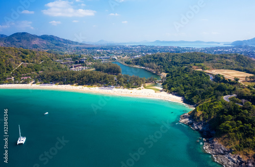 Aerial view of Nai Harn beach during high season, Phuket island, Thailand