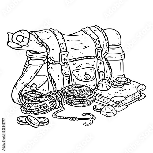 Adventurer pack lineart illustration for coloring. Fantasy character pouch with explorer items. Treasure bag comic style doodle