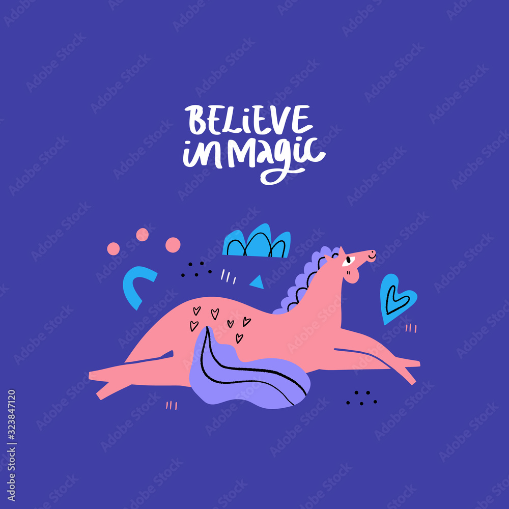 Naklejka premium Romantic horse lying on the ground. Mare have a rest. Believe in magic. Hand lettering phrase. Equestrian sport flat color vector illustration. Racehorse. Scandinavian hand drawing style. Design clip