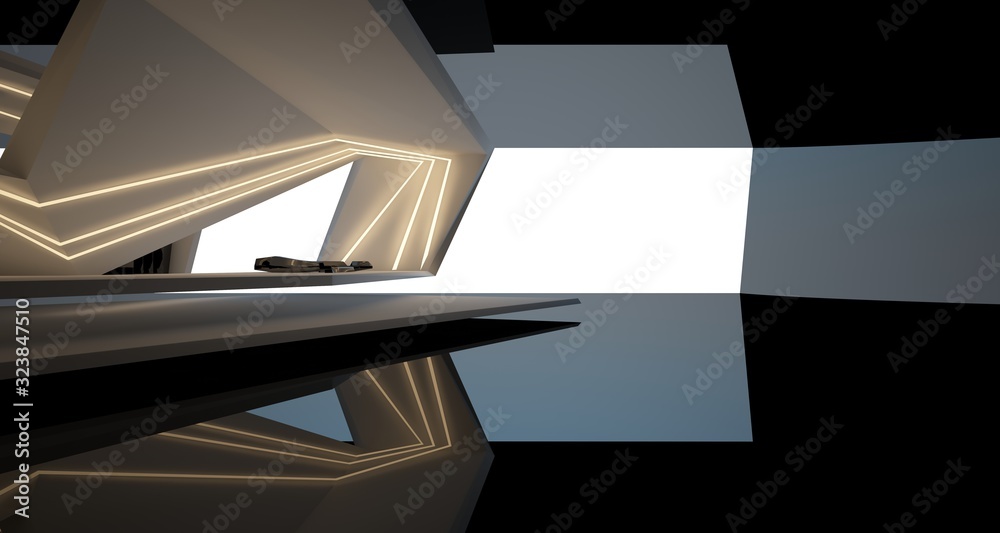 Obraz premium Abstract architectural black and white interior of a modern villa with neon lighting. 3D illustration and rendering.