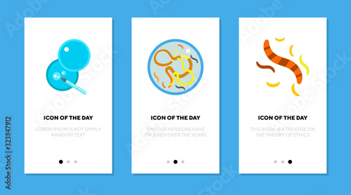 Microscope examination flat icon set. Glass, study, bacteria isolated vector sign pack. Microorganism and analysis concept. Vector illustration symbol elements for web design and apps
