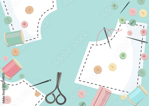 Top view of Work space on the desk with Studs , thread tubes, scissors, ruler and sewing pattern on pastel color Background.Handcraft and pastel color concept. Flat layout design.