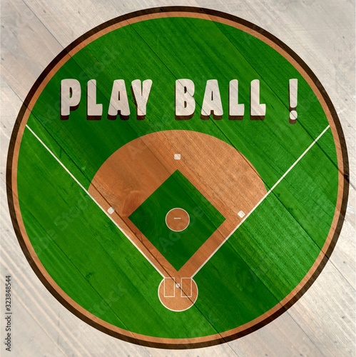 Play ball baseball diamond design on wood grain texture