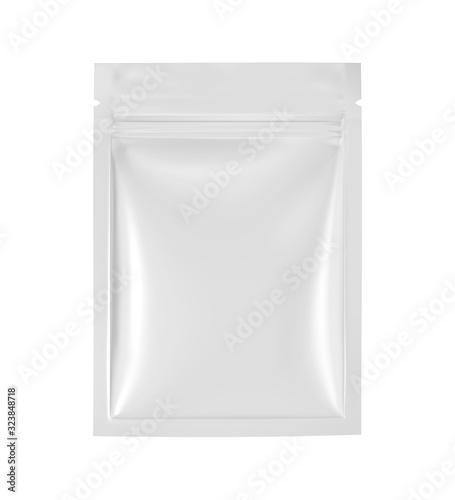 Blank white foil food packaging with zipper mockup, Isolated on white background. 3D rendering photo