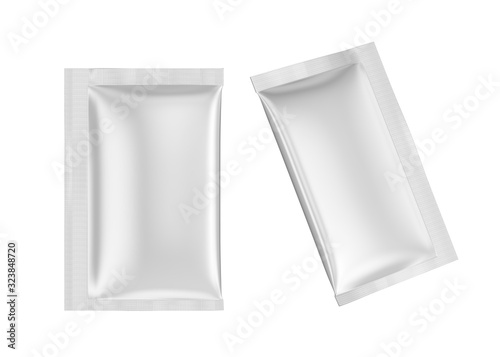Blank white foil sachet food packaging mockup, Isolated on white background. 3D rendering
