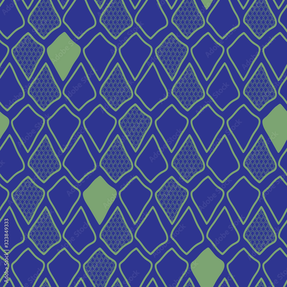 Fototapeta premium Wonky diamond pattern looks like dragon scales, seamless repeat vector blue arrowhead, surface design