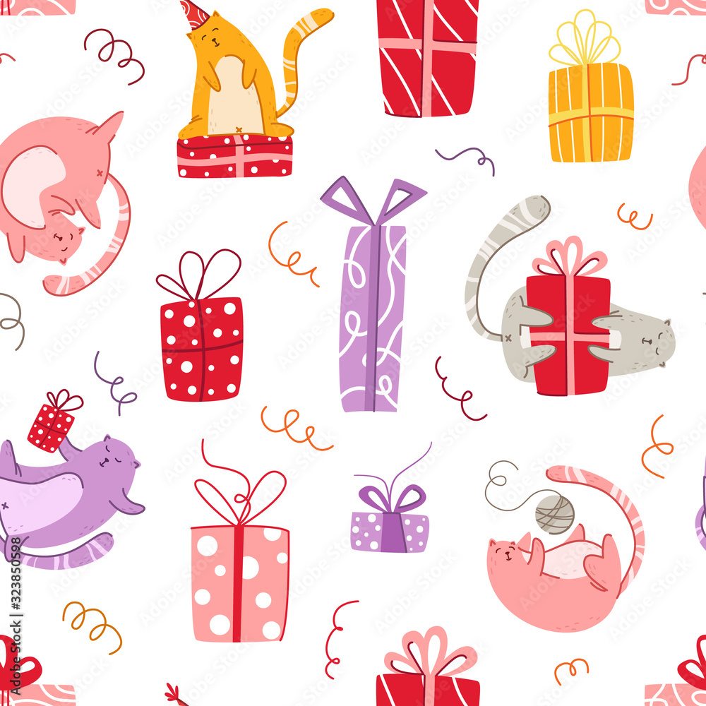 Cats birthday party seamless pattern - funny kitten in festive hat, gift boxes and presents, serpantine - vector texture with flat characters on white background for textile, wrapping Cats birthday party seamless pattern - funny kitten in festive hat, gift boxes and presents, serpantine - vector texture with flat characters on white background for textile, wrapping