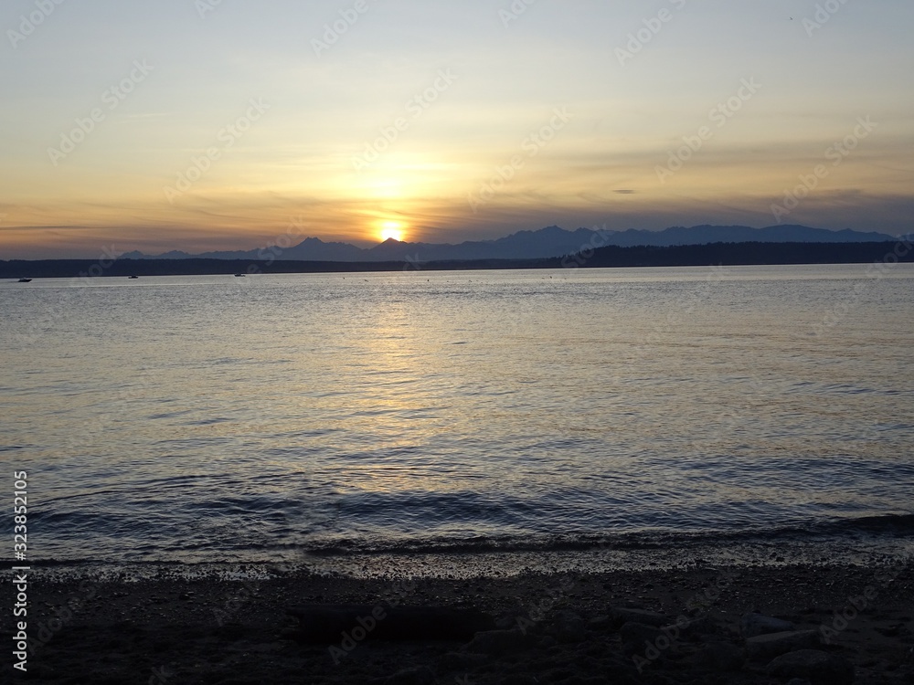 Beach sunset over the Olympic Mountains
