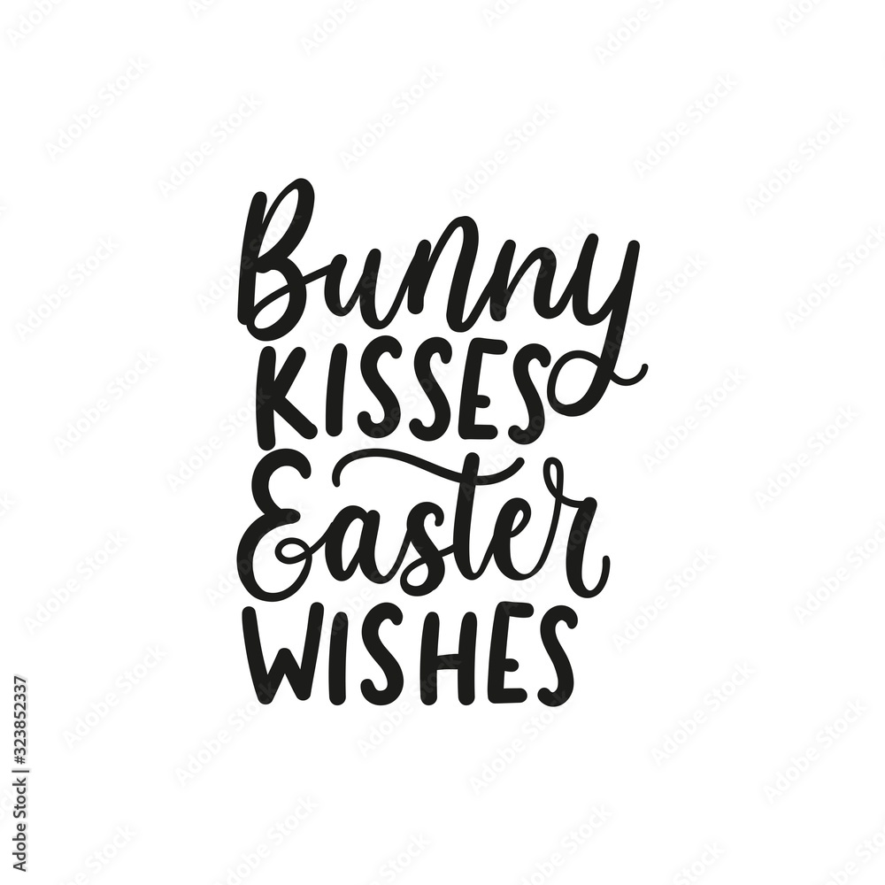 Bunny kisses easter wishes festive lettering vector illustration. Fat cursive for handwritten inscription flat style. Cute fun text for holiday. Isolated on white