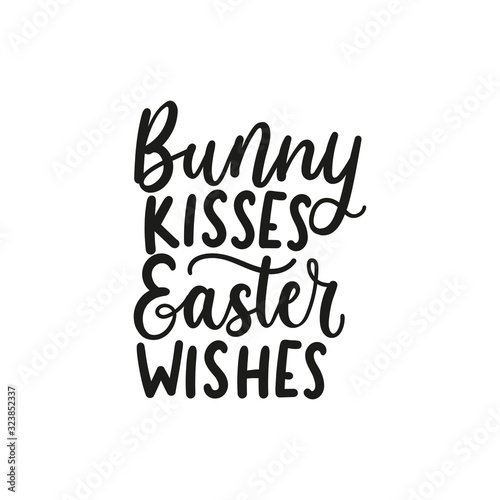 Bunny kisses easter wishes festive lettering vector illustration. Fat cursive for handwritten inscription flat style. Cute fun text for holiday. Isolated on white