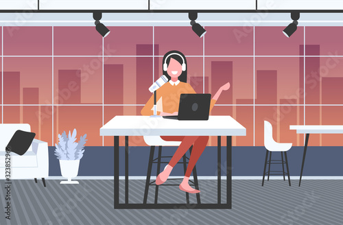 woman podcaster in headphones talking to microphone recording podcast in studio podcasting online radio concept full length horizontal vector illustration
