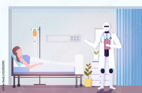 robot doctor visiting woman patient lying in bed artificial intelligence technology medicine healthcare concept intensive therapy clinic ward interior horizontal full length vector illustration