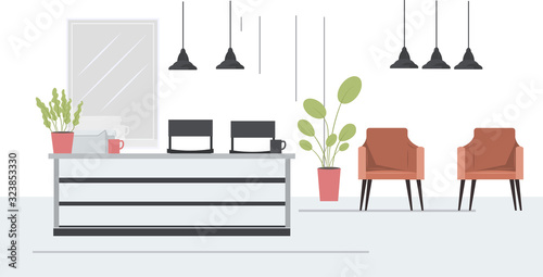 modern hair salon with chairs mirror and reception desk beauty salon interior horizontal vector illustration