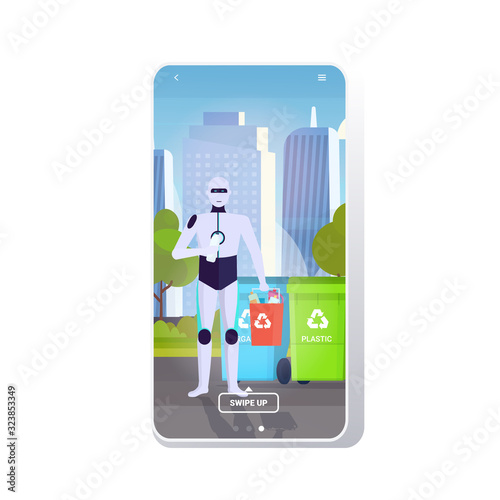 robotic character holding plastic rubbish container near colorful trash cans artificial intelligence segregate waste recycle concept cityscape background mobile app copy space full length vector