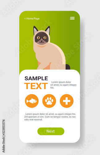 cute purebred cat portrait fluffy adorable cartoon animal domestic kitty home pets care website or online shop smartphone screen mobile app copy space vertical vector illustration