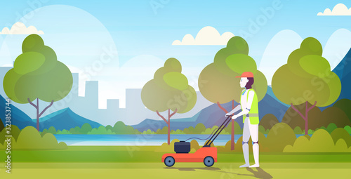 modern robot cutting grass with lawn mower robotic gardener artificial intelligence technology gardening concept urban park landscape background horizontal full length vector illustration