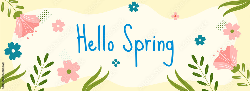 Hello Spring Text on Pastel Yellow Background Decorated with Flowers and Leaves.