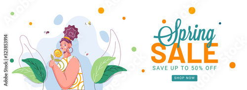 UP TO 50% Off for Spring Sale, Advertising Header or Banner Design with Young Girl holding Flower.