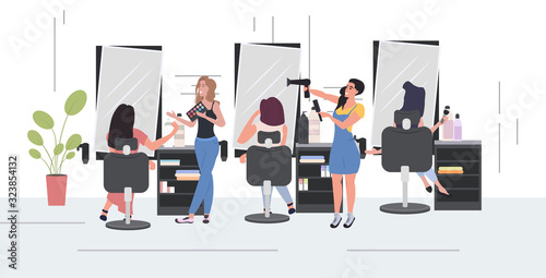 hairdresser using hair dryer making hair style to her client women testing eyeshadow palette beauty salon interior horizontal full length vector illustration