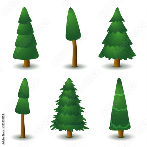 Set of vector green coniferous tree. Isolated stock illustration on white background.