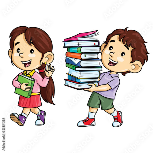 Cartoon kids carry books