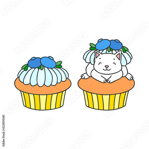 Cupcake and kitten. Cute illustration of a blueberry cupcake and a little white kitten sitting on a cupcake. Objects isolated on white. Vector 8 EPS.