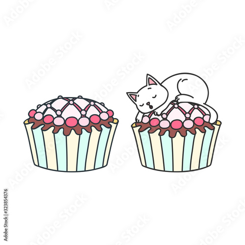  Cupcake and kitten. Cute illustration of a glazed cupcake and a little white kitten sleeping on a cupcake. Objects isolated on white. Vector 8 EPS.