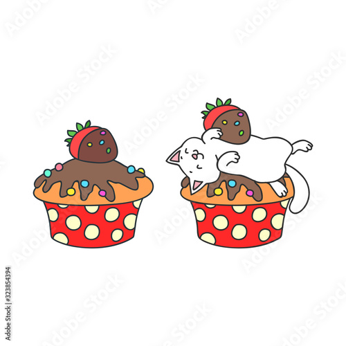  Cupcake and kitten. Cute illustration of a strawberry cupcake and a little white kitten sleeping on a cupcake. Objects isolated on white. Vector 8 EPS.