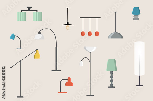 A set of lighting devices, various pendant lamps, floor lamps, table lamps. Vector illustration in a flat style.