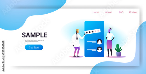 two robotic characters leaving review three stars rating on smartphone screen feedback artificial intelligence technology concept horizontal full length copy space vector illustration