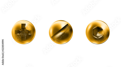 Set golden self-tapping screws, heads, gold caps. Twisted in surface imbus, slotted screw isolated on white background. Macro polished objects top view, hats metalwares. Vector illustration.
