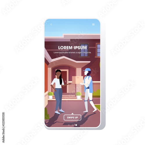 modern robot delivering cardboard parcel box to woman recipient artificial intelligence technology delivery service concept smartphone screen mobile app full length copy space vector illustration