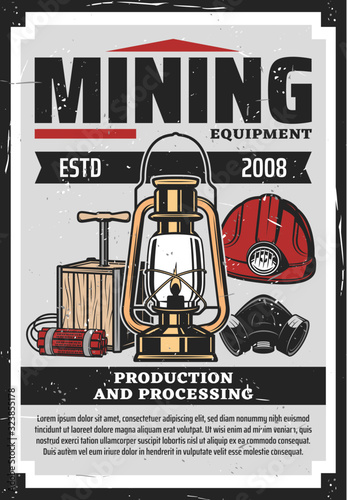 Mining equipment vector design with vintage tools of coal miner. Helmet, petroleum lamp and dynamite sticks with detonator plunger box, hard hat and mask retro poster of mining industry themes