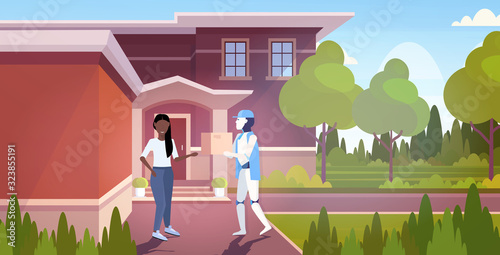 modern robot delivering cardboard parcel box to woman recipient artificial intelligence technology delivery service concept horizontal full length vector illustration