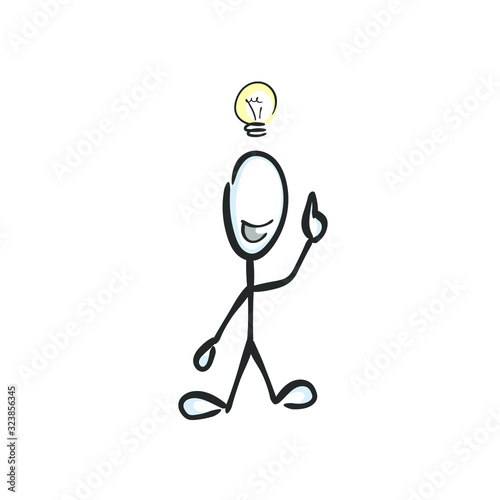 Great idea. Genius thought. Lightbulb above head. Hand drawn. Stickman cartoon. Doodle sketch, Vector graphic illustration