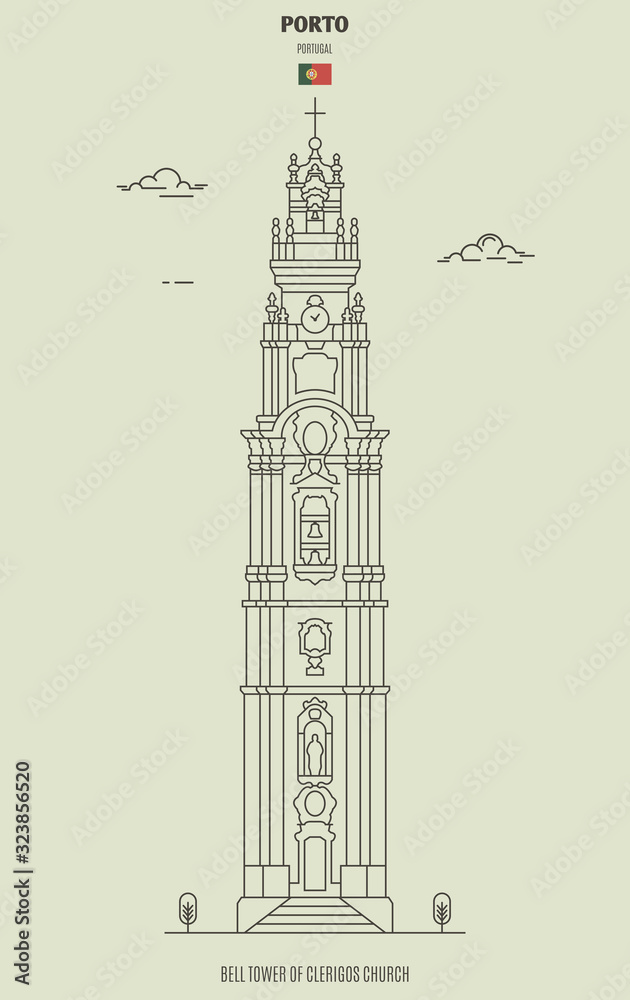 Bell tower of Clerigos church in Porto, Portugal. Landmark icon