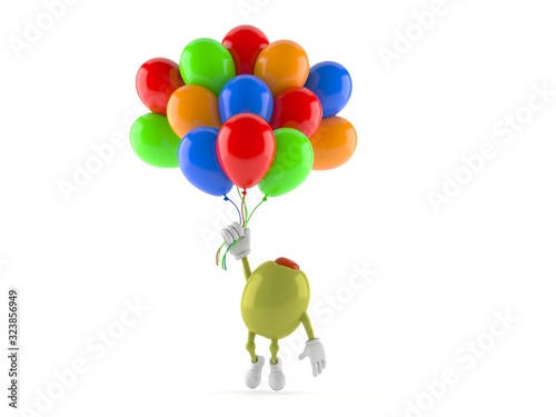 Olive character flying with balloons