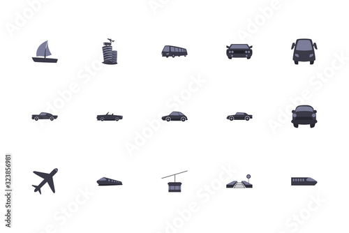 Isolated transportation vehicles fill style icon set vector design