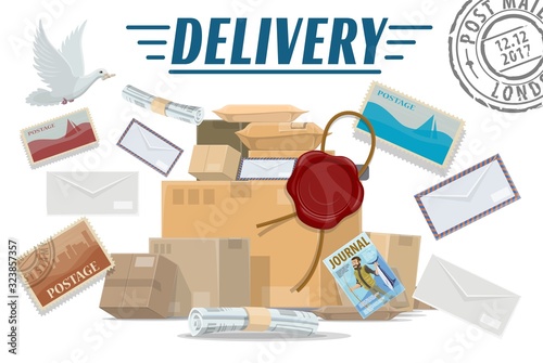Mail delivery service vector design with post office parcels and letters, postal boxes and packages with postage stamps and wax seal, newspaper, journal and dove. Correspondence themes