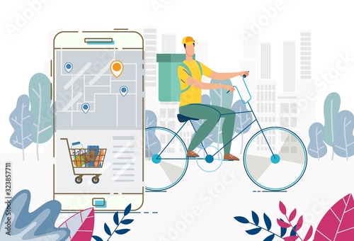 Order and Delivery Anywhere Service. Food Basket via Mobile Application. Deliveryman with Groceries Parcel Package behind Back Riding Bicycle. Online Service for Tracking Shipping Process