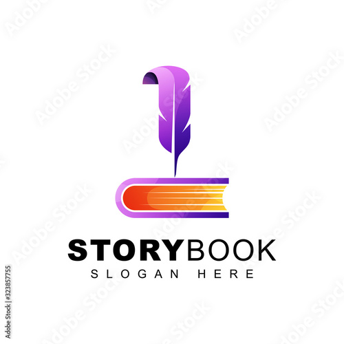 story life book logo, writer feather design, vector template