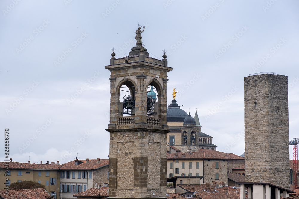 Beautiful medieval bell towers at Old Bergamo city. Lombardy, Italy