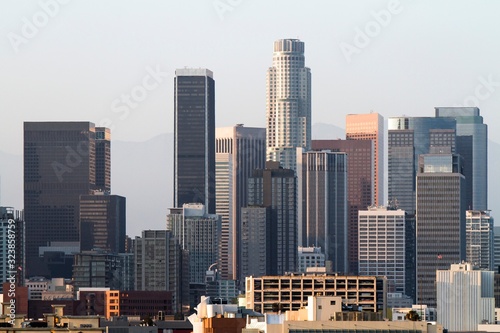 Beautiful aerial view of Los Angeles skyline at sunset  California  USA