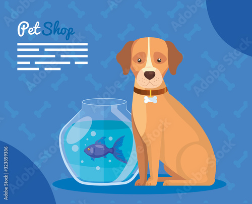 pet shop with dog and fishbowl vector illustration design
