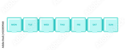 Pill box.Tablets and capsules in a plastic organizer.Medical care, weekly and daily medication.Weekday.Medical concept, treatment, pain relief.Flat cartoon vector illustration
