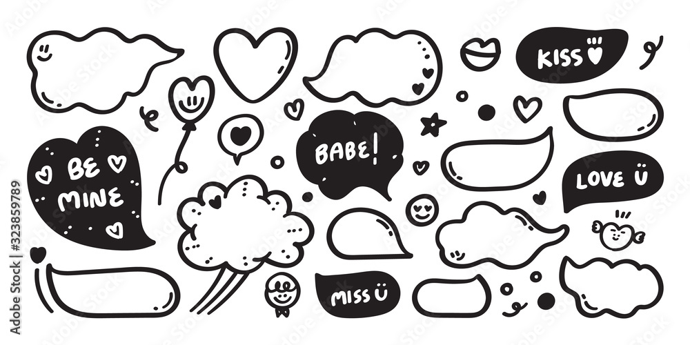 Hand drawn set of speech bubbles with dialog words:yes, hello, no, love you, ok, Vector illustration. Hand drawn set of speech bubbles with dialog words:yes, hello, no, love you, ok, Vector illustration.
